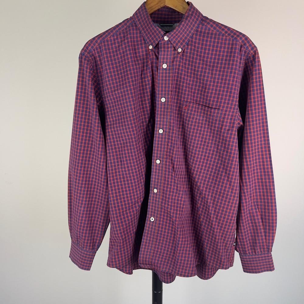 Nautica Mens XL Plaid Button Down Shirt Navy Red Cotton Tencel Long Sleeve